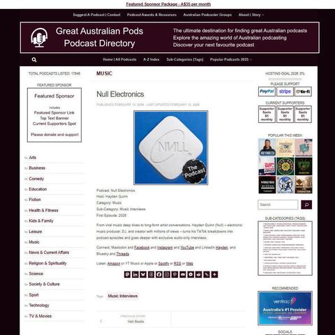Null Electronics
Screenshot of the podcast listing on the Great Australian Pods website