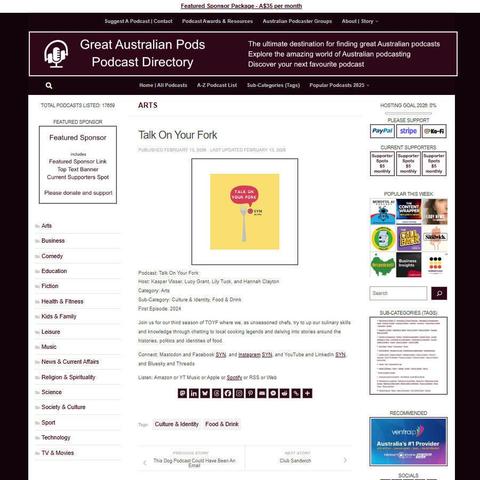 Talk On Your Fork
Screenshot of the podcast listing on the Great Australian Pods website