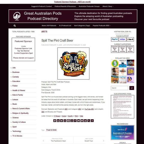 Spill The Pint Craft Beer Podcast
Screenshot of the podcast listing on the Great Australian Pods website