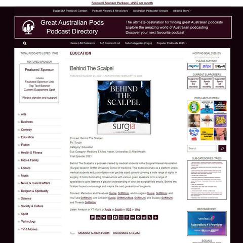Behind The Scalpel
Screenshot of the podcast listing on the Great Australian Pods website