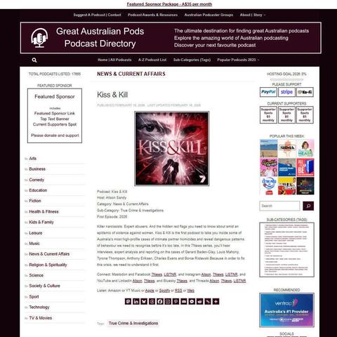 Kiss & Kill
Screenshot of the podcast listing on the Great Australian Pods website