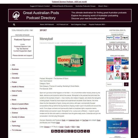 Moneyball - The Business Of Sport 
Screenshot of the podcast listing on the Great Australian Pods website