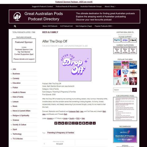 After The Drop Off
Screenshot of the podcast listing on the Great Australian Pods website