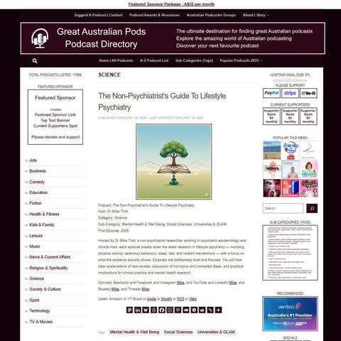 The Non-Psychiatrist's Guide To Lifestyle Psychiatry
Screenshot of the podcast listing on the Great Australian Pods website