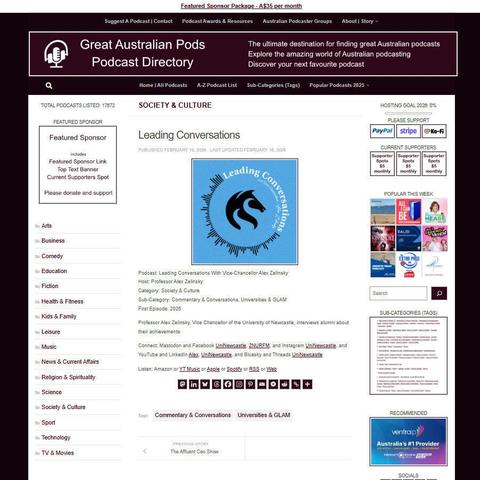Leading Conversations With Vice-Chancellor Alex Zelinsky
Screenshot of the podcast listing on the Great Australian Pods website