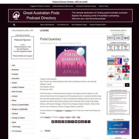 Portal Quandary
Screenshot of the podcast listing on the Great Australian Pods website