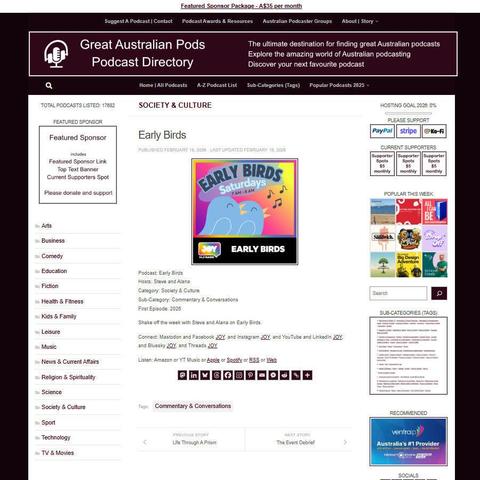 Early Birds
Screenshot of the podcast listing on the Great Australian Pods website