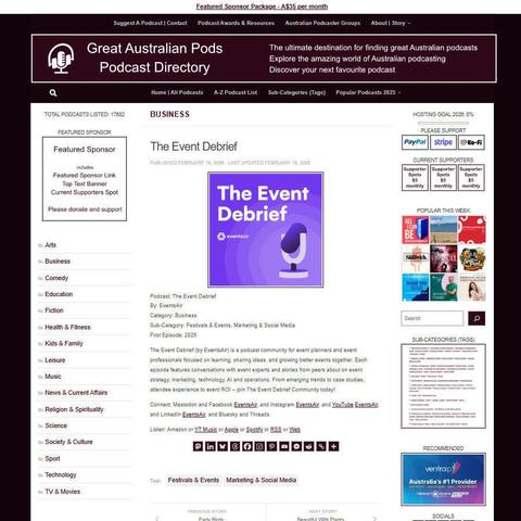 The Event Debrief
Screenshot of the podcast listing on the Great Australian Pods website