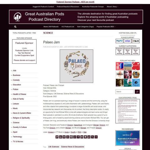 Palaeo Jam
Screenshot of the podcast listing on the Great Australian Pods website
