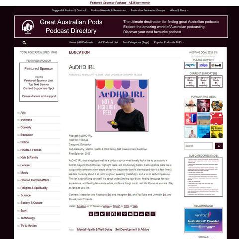 AuDHD IRL
Screenshot of the podcast listing on the Great Australian Pods website
