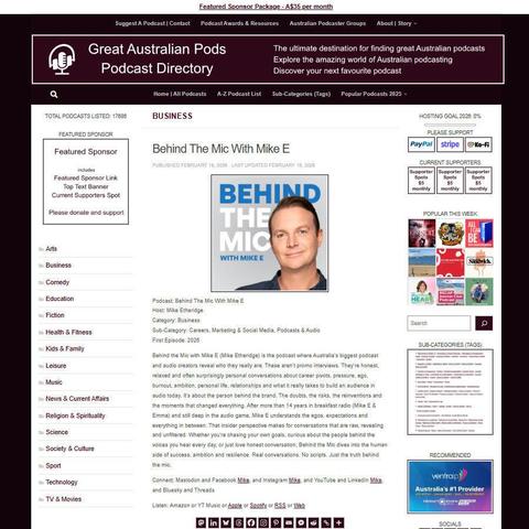 Behind The Mic With Mike E
Screenshot of the podcast listing on the Great Australian Pods website