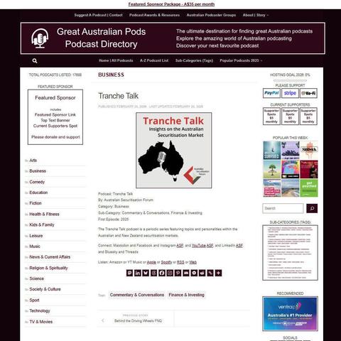 Tranche Talk
Screenshot of the podcast listing on the Great Australian Pods website