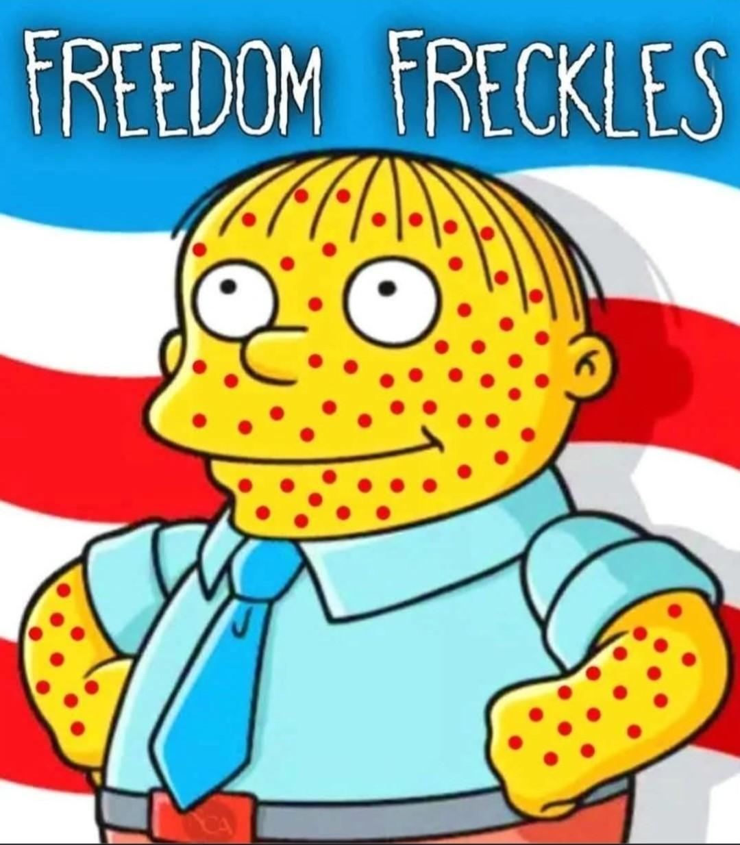 Cartoon character, an idiot, referring to measles infection as, 'freedom freckles'.