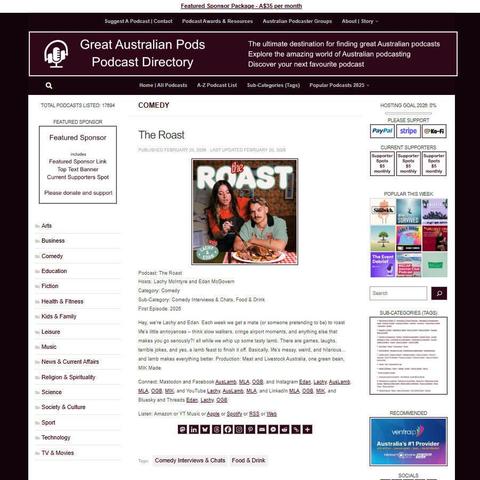 The Roast
Screenshot of the podcast listing on the Great Australian Pods website