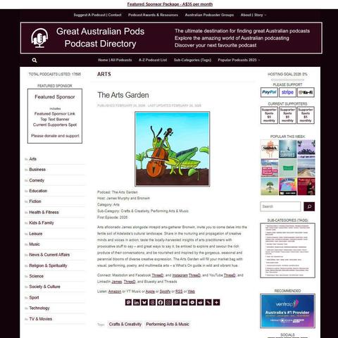 The Arts Garden
Screenshot of the podcast listing on the Great Australian Pods website