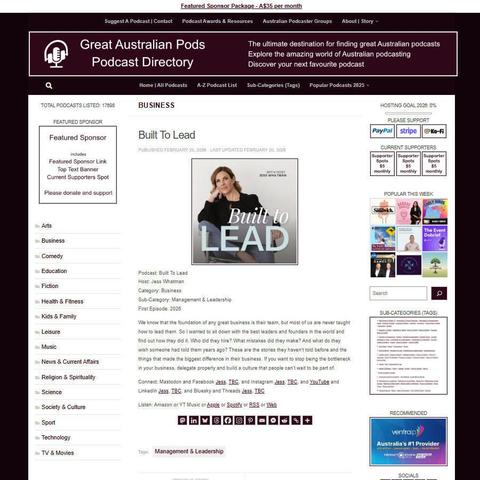 Built To Lead
Screenshot of the podcast listing on the Great Australian Pods website