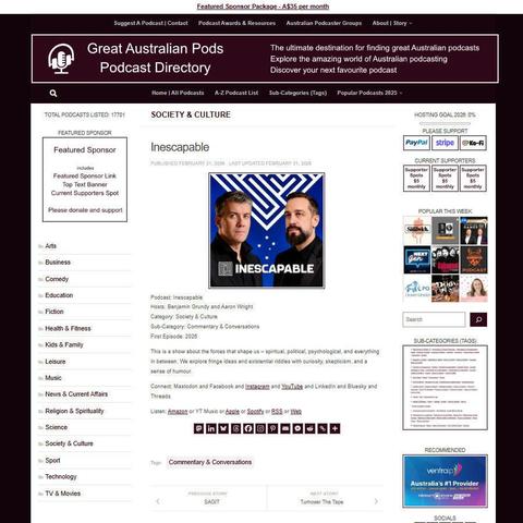 Inescapable
Screenshot of the podcast listing on the Great Australian Pods website