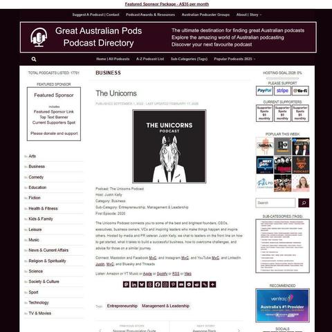 The Unicorns Podcast 
Screenshot of the podcast listing on the Great Australian Pods website