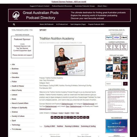 Triathlon Nutrition Academy
Screenshot of the podcast listing on the Great Australian Pods website