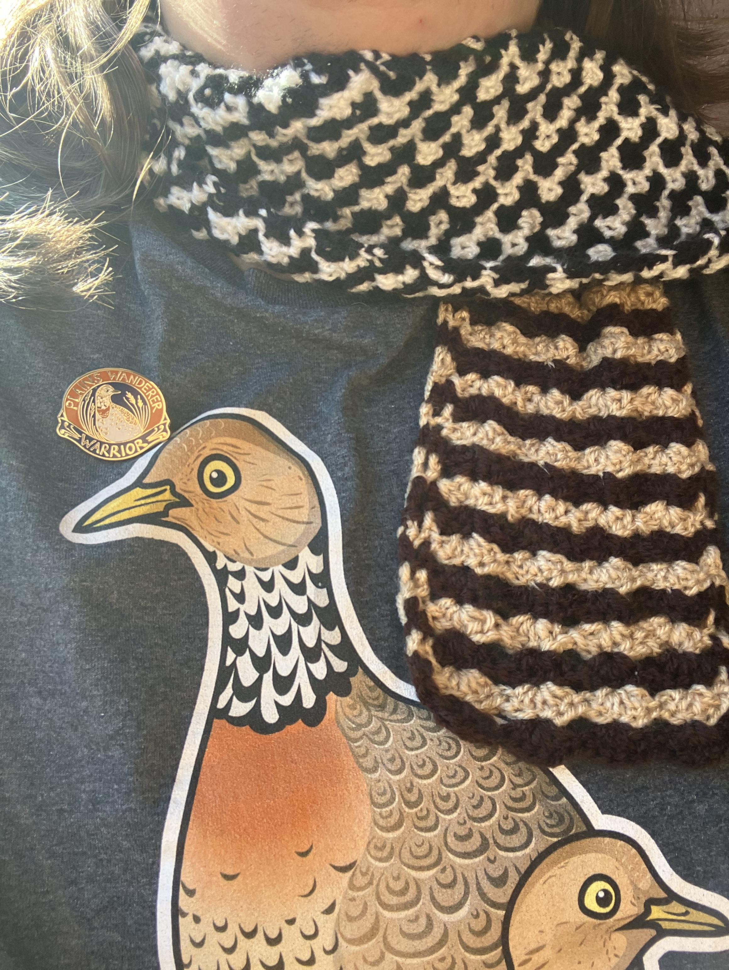 Someone wearing a scarf with a black and white check around the neck and a ripple in two shades of brown at the ends. It’s worn over a shirt with a picture of a plains wanderer with a plains wanderer pin badge 