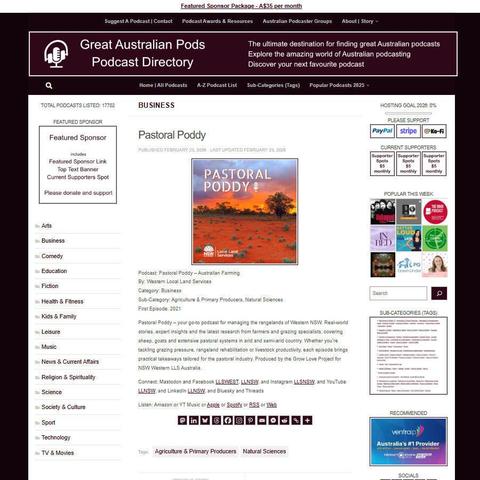 Pastoral Poddy - Australian Farming
Screenshot of the podcast listing on the Great Australian Pods website