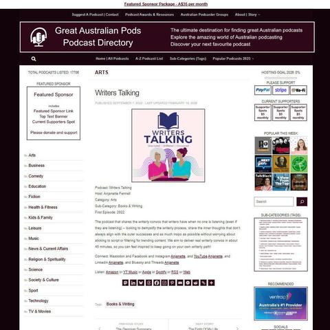 Writers Talking
Screenshot of the podcast listing on the Great Australian Pods website