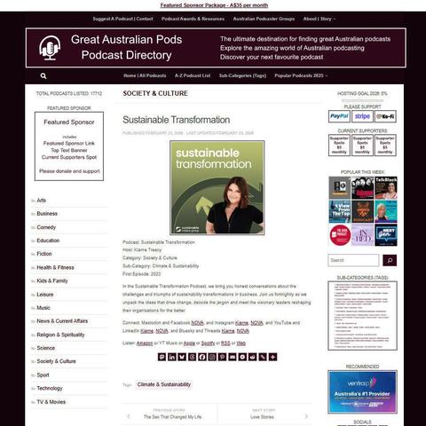 Sustainable Transformation
Screenshot of the podcast listing on the Great Australian Pods website