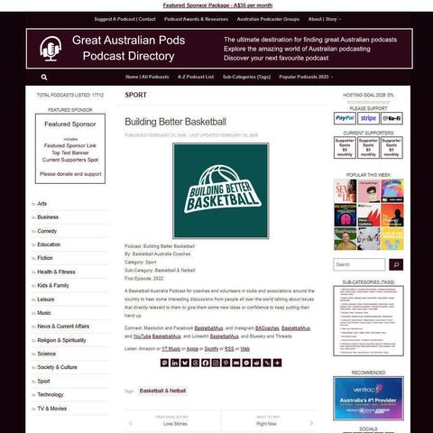 Building Better Basketball
Screenshot of the podcast listing on the Great Australian Pods website