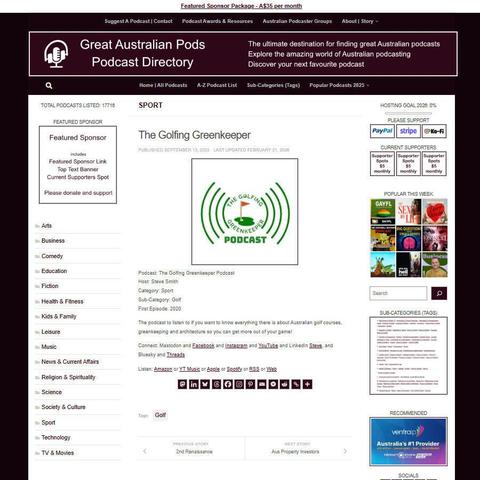 The Golfing Greenkeeper Podcast 
Screenshot of the podcast listing on the Great Australian Pods website