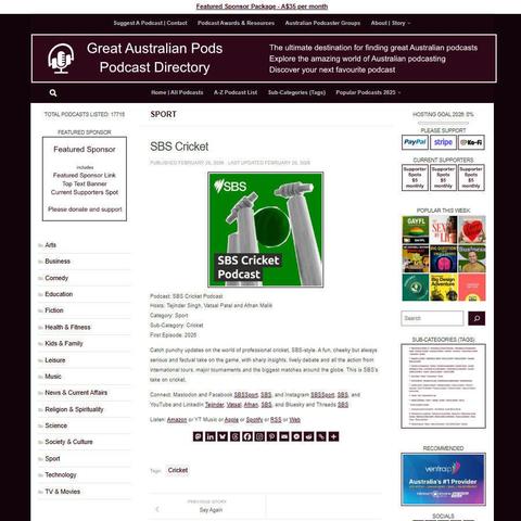 SBS Cricket Podcast
Screenshot of the podcast listing on the Great Australian Pods website