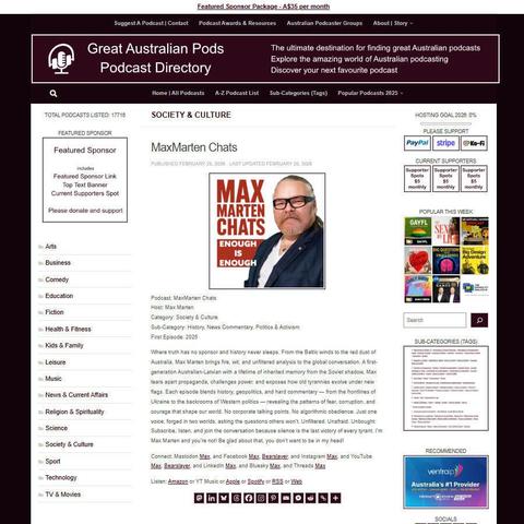 MaxMarten Chats
Screenshot of the podcast listing on the Great Australian Pods website