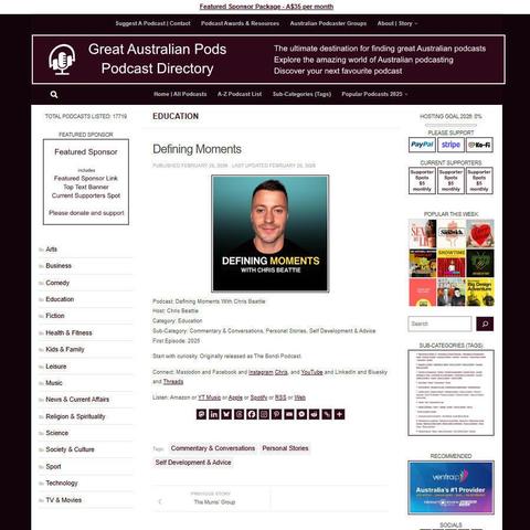 Defining Moments With Chris Beattie
Screenshot of the podcast listing on the Great Australian Pods website