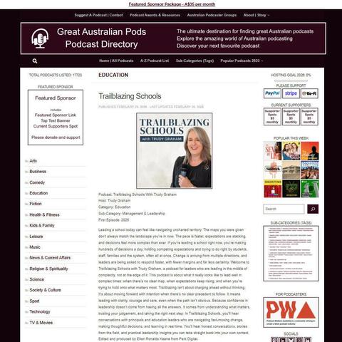 Trailblazing Schools With Trudy Graham
Screenshot of the podcast listing on the Great Australian Pods website