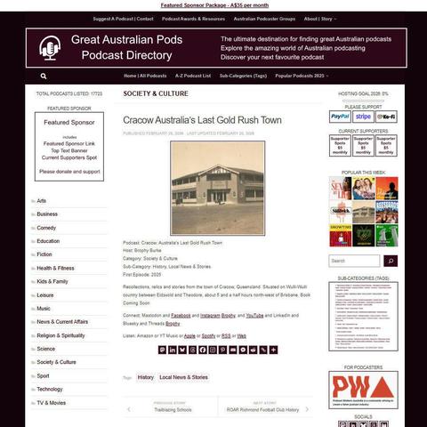 Cracow: Australia's Last Gold Rush Town
Screenshot of the podcast listing on the Great Australian Pods website