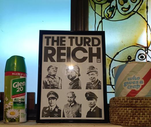 The Turd Reich poster on the window sill of the toilet alongside the Glen 20 air freshener and the Who Gives A Crap emergency toilet paper. 