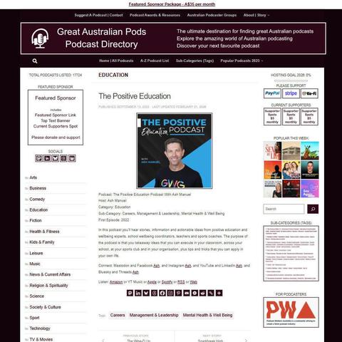 The Positive Education Podcast With Ash Manuel 
Screenshot of the podcast listing on the Great Australian Pods website