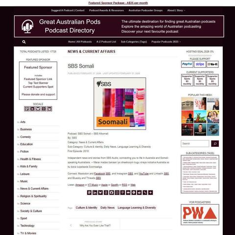 SBS Somali - SBS Afsomali
Screenshot of the podcast listing on the Great Australian Pods website