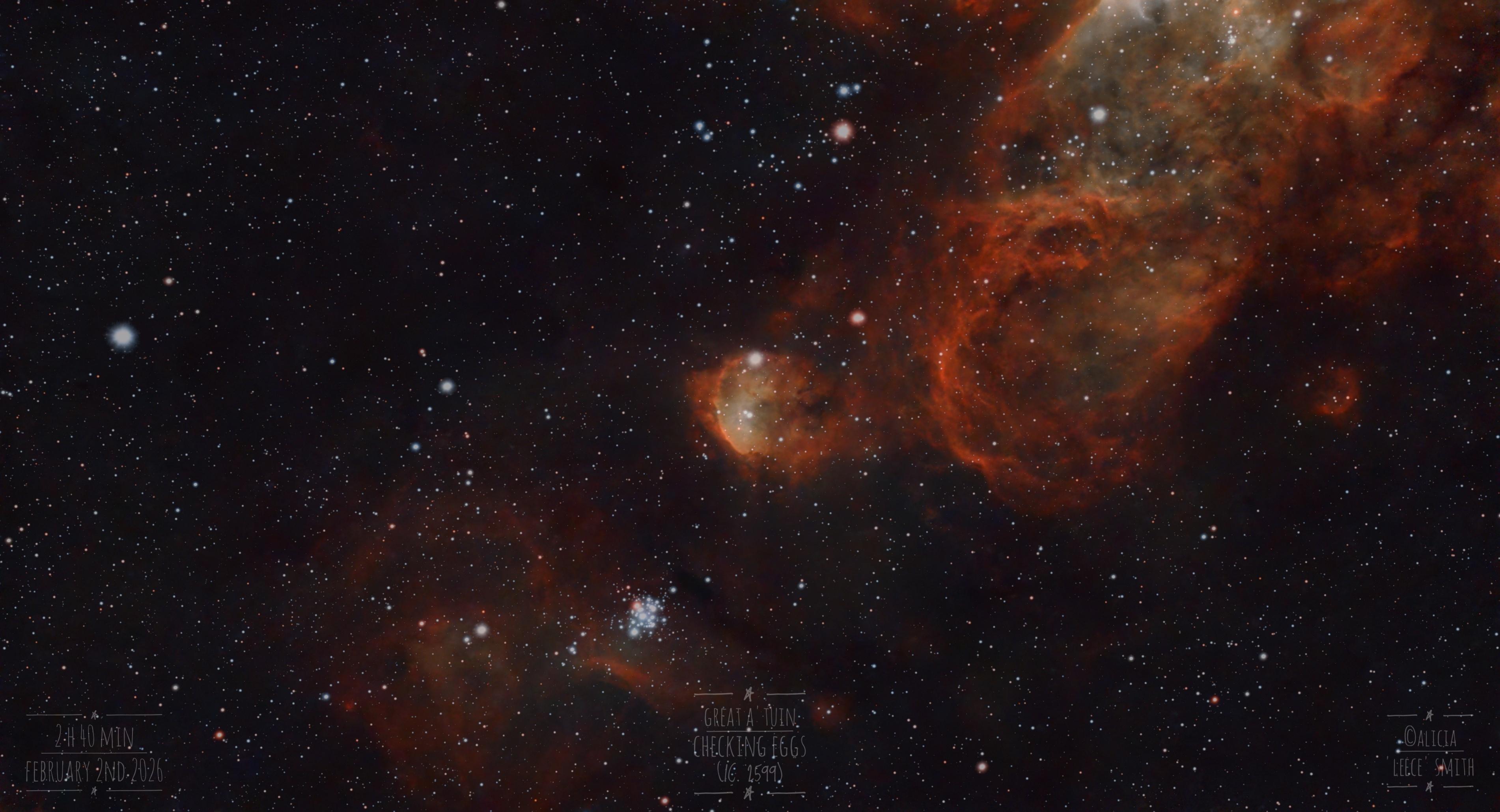 A very bright cloud of gas almost obscuring the dark keyhole nebula, forming in my fanciful mind the head of a great star turtle checking its eggs, a small pretty blue cluster of stars. Part of the Carina Nebula forms the shell and discworld to the right.