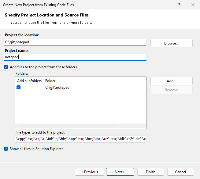 VS2026's "Create a project from existing code" window. I've got C:\git\notepad selected.