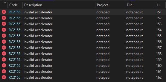 Too many "invalid accelerator" errors, all in notepad.rc