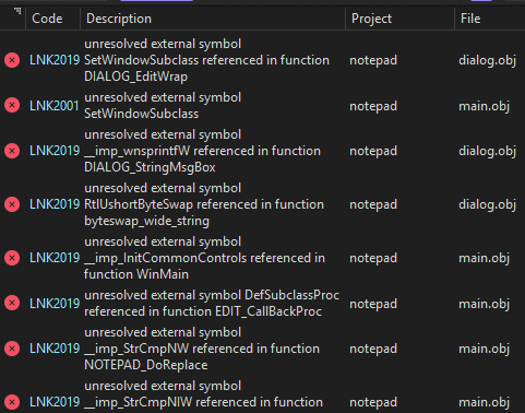 various LNK2019 unresolved external symbol errors