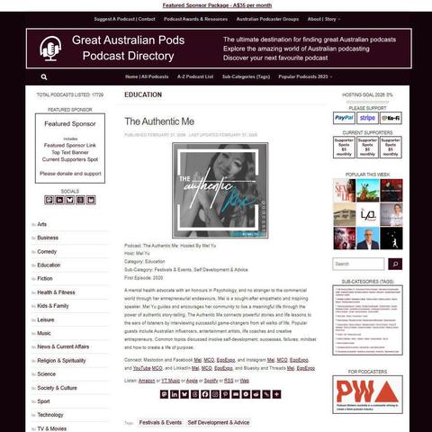 The Authentic Me: Hosted By Mel Yu
Screenshot of the podcast listing on the Great Australian Pods website