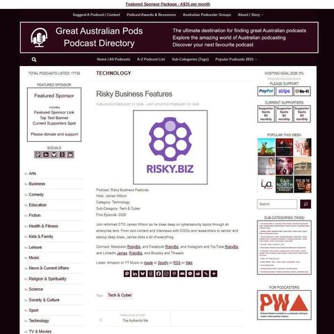 Risky Business Features
Screenshot of the podcast listing on the Great Australian Pods website
