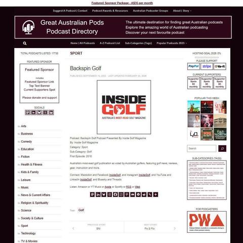 Backspin Golf Podcast Presented By Inside Golf Magazine 
Screenshot of the podcast listing on the Great Australian Pods website