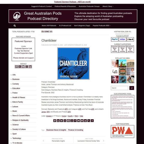 Chanticleer
Screenshot of the podcast listing on the Great Australian Pods website