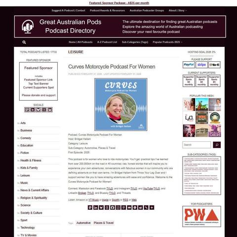 Curves Motorcycle Podcast For Women
Screenshot of the podcast listing on the Great Australian Pods website