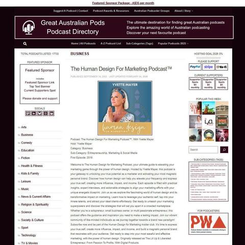 The Human Design For Marketing Podcast™, With Yvette Mayer 
Screenshot of the podcast listing on the Great Australian Pods website