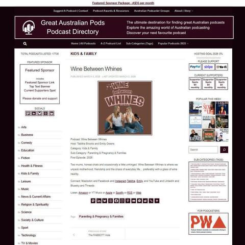 Wine Between Whines
Screenshot of the podcast listing on the Great Australian Pods website