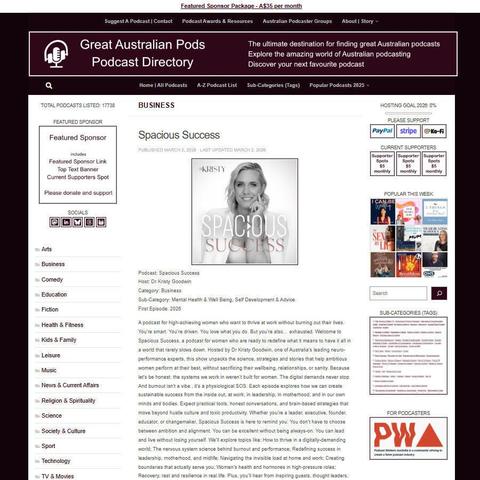 Spacious Success
Screenshot of the podcast listing on the Great Australian Pods website