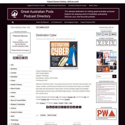 Destination Cyber 
Screenshot of the podcast listing on the Great Australian Pods website